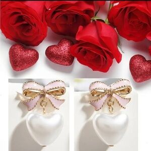 Pink & Gold Pearl Bow Heart Drop Earrings | Romantic Dangle Studs NWT